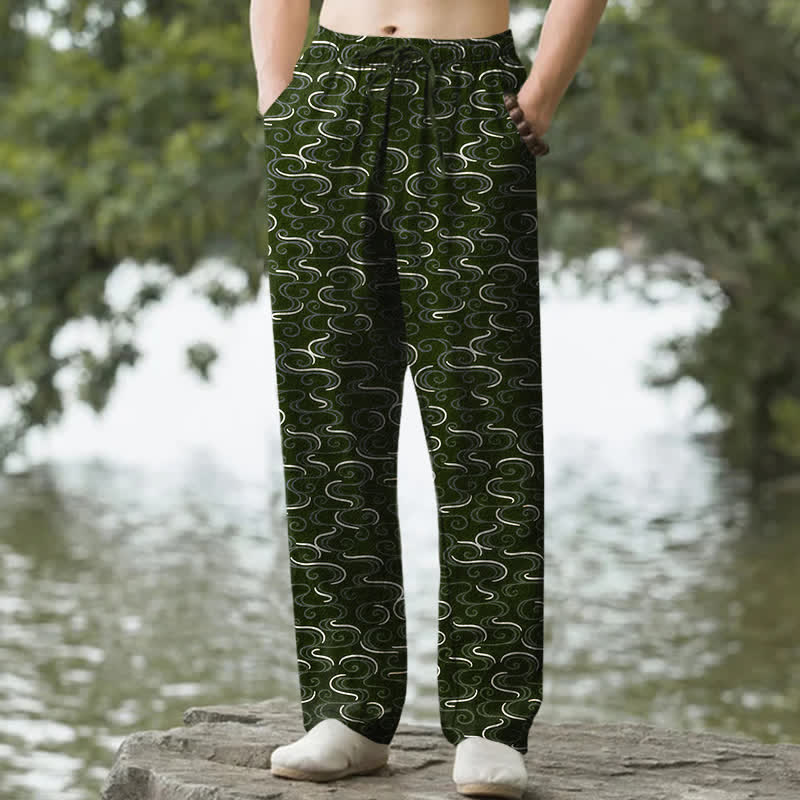 Nimara Ritual Cotton White Wave Pattern Men's Tapered Pants With Pockets