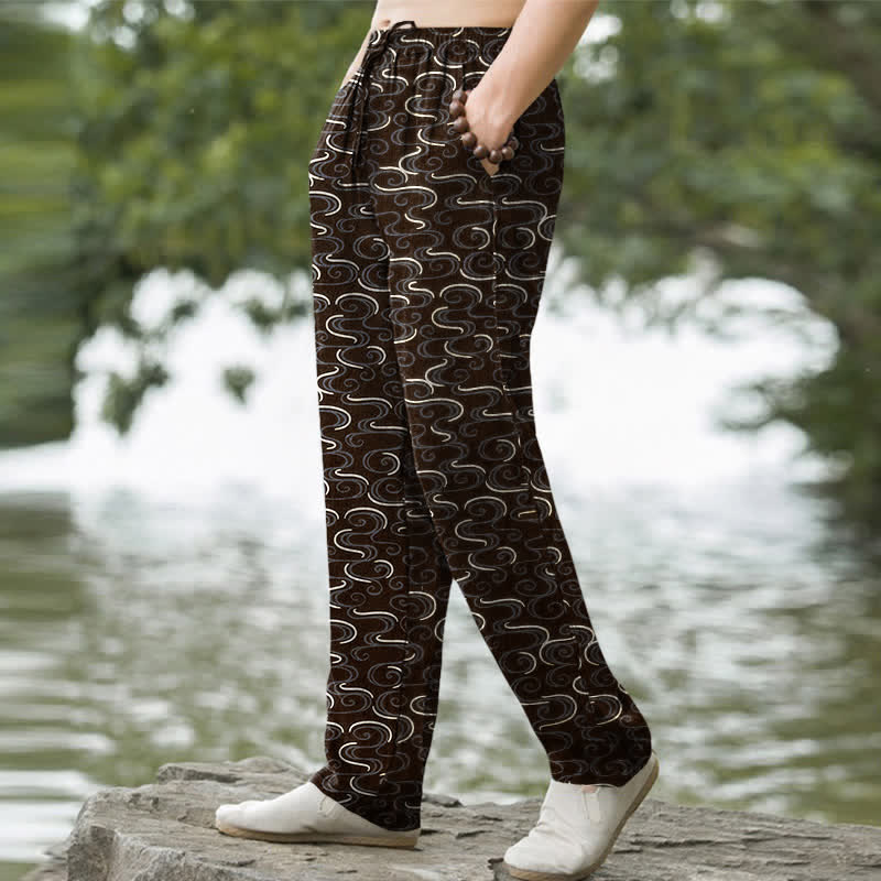 Nimara Ritual Cotton White Wave Pattern Men's Tapered Pants With Pockets