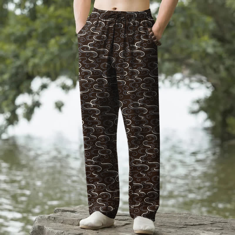 Nimara Ritual Cotton White Wave Pattern Men's Tapered Pants With Pockets