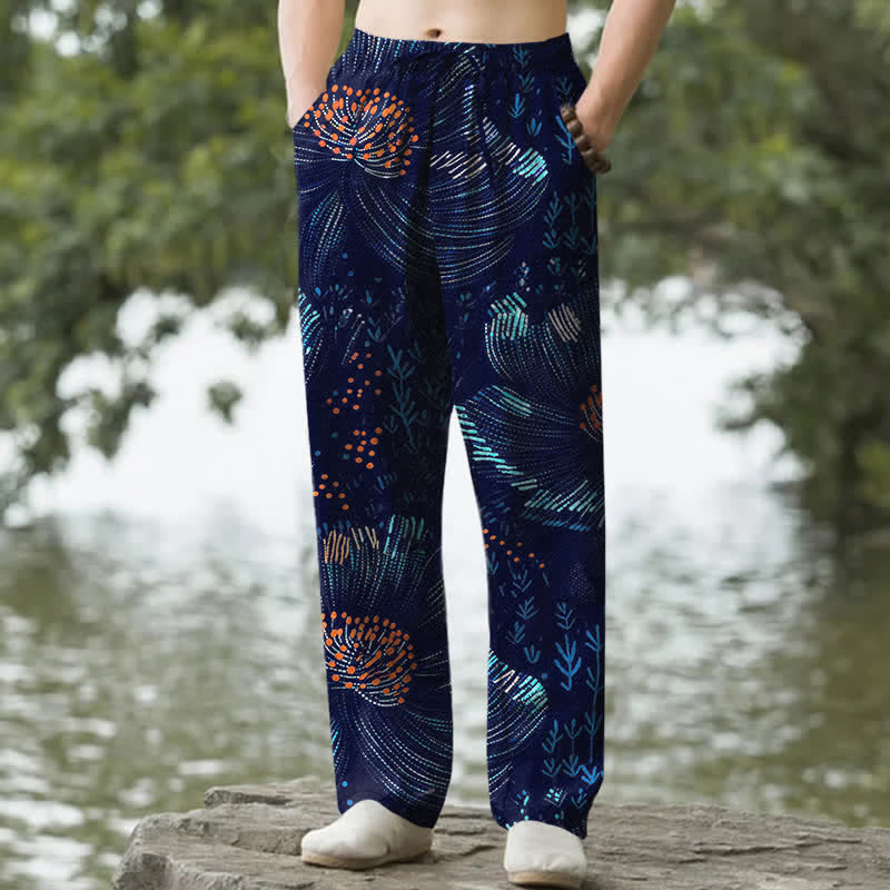Nimara Ritual Cotton Blooming Floral Pattern Men's Tapered Pants With Pockets