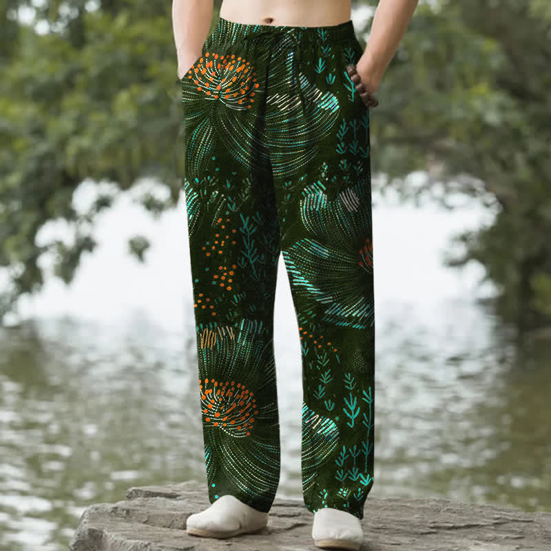 Nimara Ritual Cotton Blooming Floral Pattern Men's Tapered Pants With Pockets