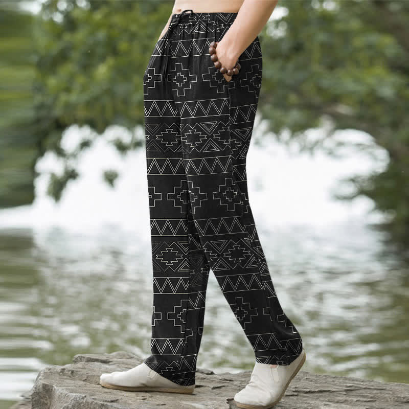 Nimara Ritual Cotton Tribal White Geometric Pattern Men's Tapered Pants With Pockets