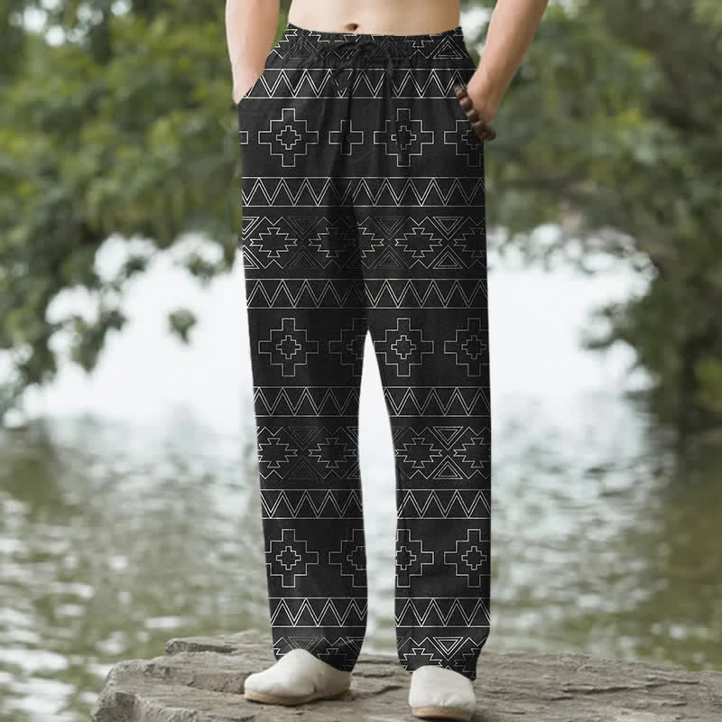 Nimara Ritual Cotton Tribal White Geometric Pattern Men's Tapered Pants With Pockets
