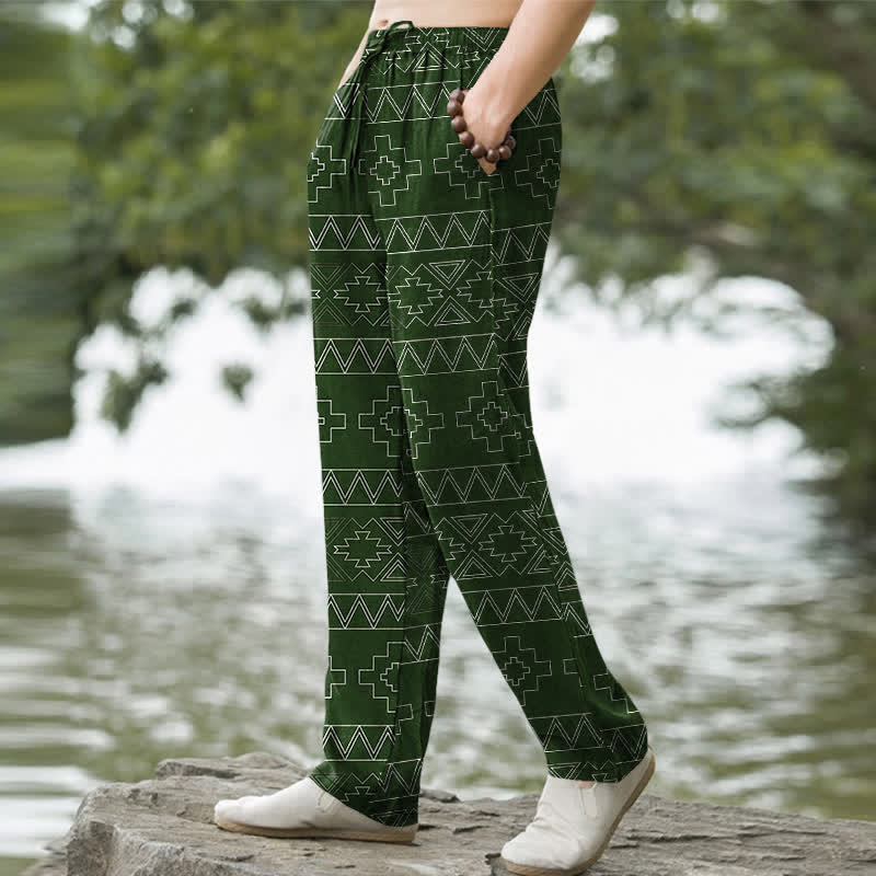 Nimara Ritual Cotton Tribal White Geometric Pattern Men's Tapered Pants With Pockets