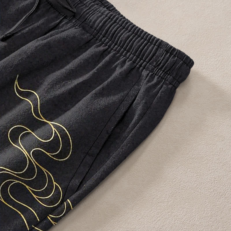 Nimara Ritual Cotton Crane Cloud And Ocean Wave Pattern Men's Tapered Pants With Pockets