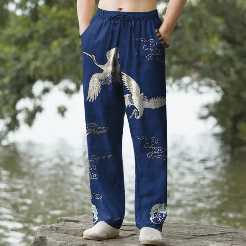 Nimara Ritual Cotton Crane Cloud And Ocean Wave Pattern Men's Tapered Pants With Pockets