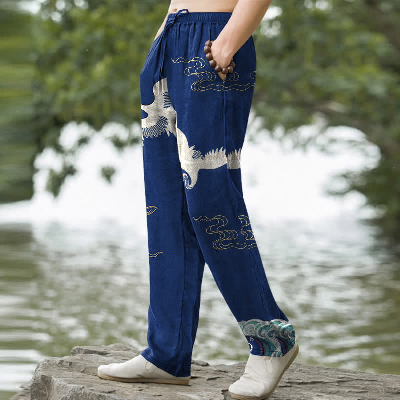 Nimara Ritual Cotton Crane Cloud And Ocean Wave Pattern Men's Tapered Pants With Pockets