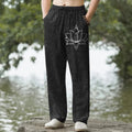 Nimara Ritual Cotton White Lotus Spiral Pattern Men's Tapered Pants With Pockets