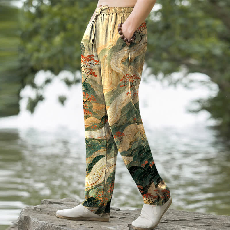 Nimara Ritual Cotton Floral Mountain And River Pattern Men's Tapered Pants With Pockets
