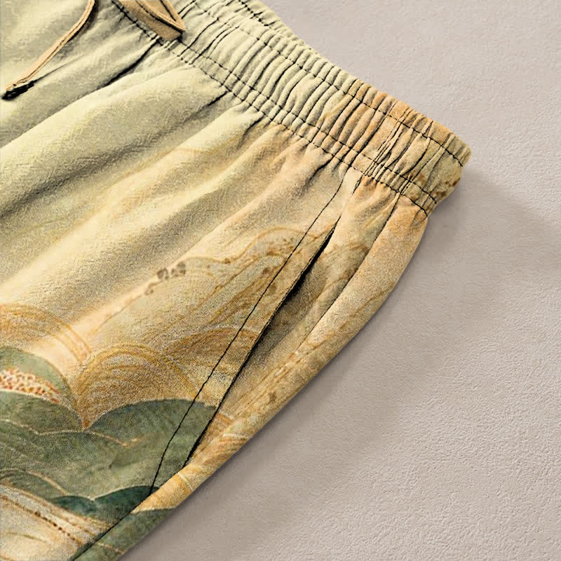 Nimara Ritual Cotton Floral Mountain And River Pattern Men's Tapered Pants With Pockets