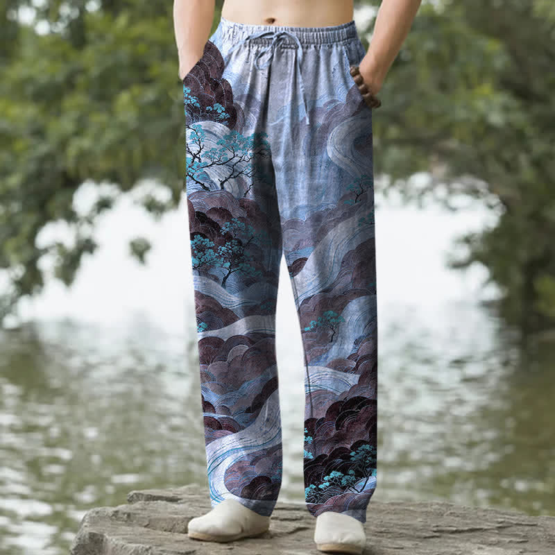 Nimara Ritual Cotton Floral Mountain And River Pattern Men's Tapered Pants With Pockets