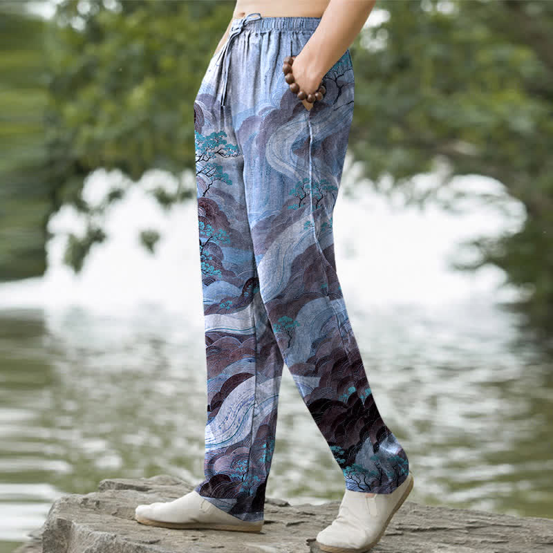 Nimara Ritual Cotton Floral Mountain And River Pattern Men's Tapered Pants With Pockets