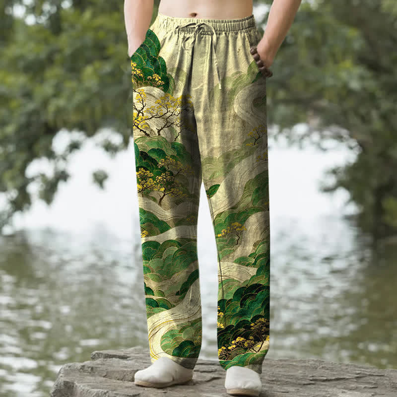 Nimara Ritual Cotton Floral Mountain And River Pattern Men's Tapered Pants With Pockets
