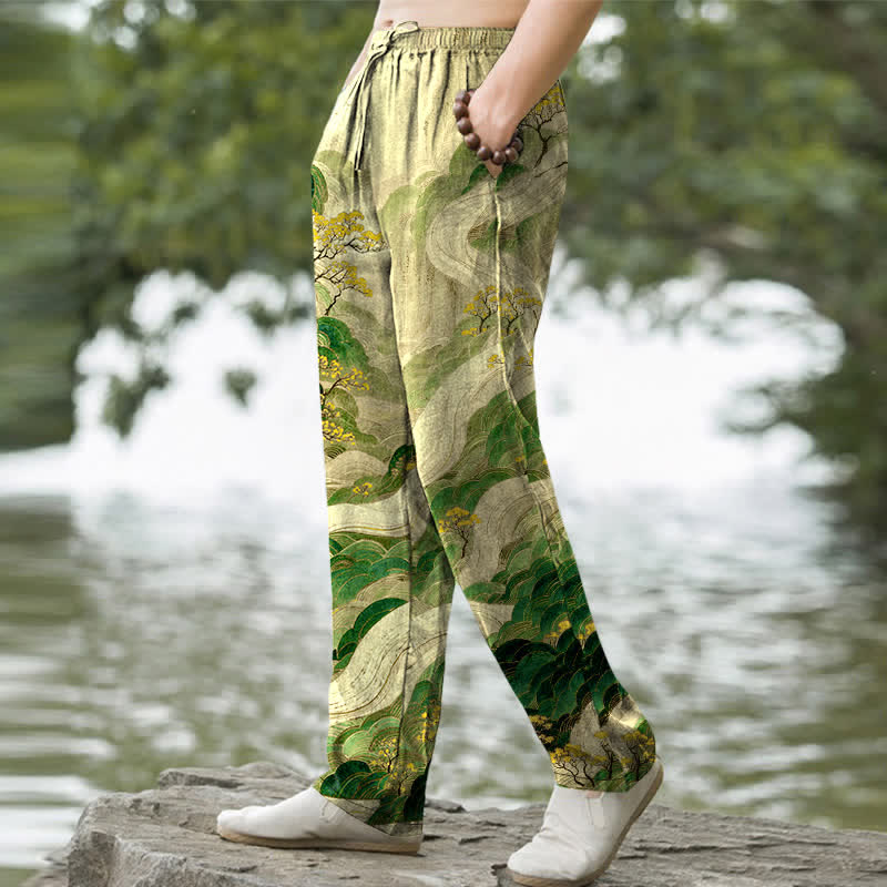 Nimara Ritual Cotton Floral Mountain And River Pattern Men's Tapered Pants With Pockets
