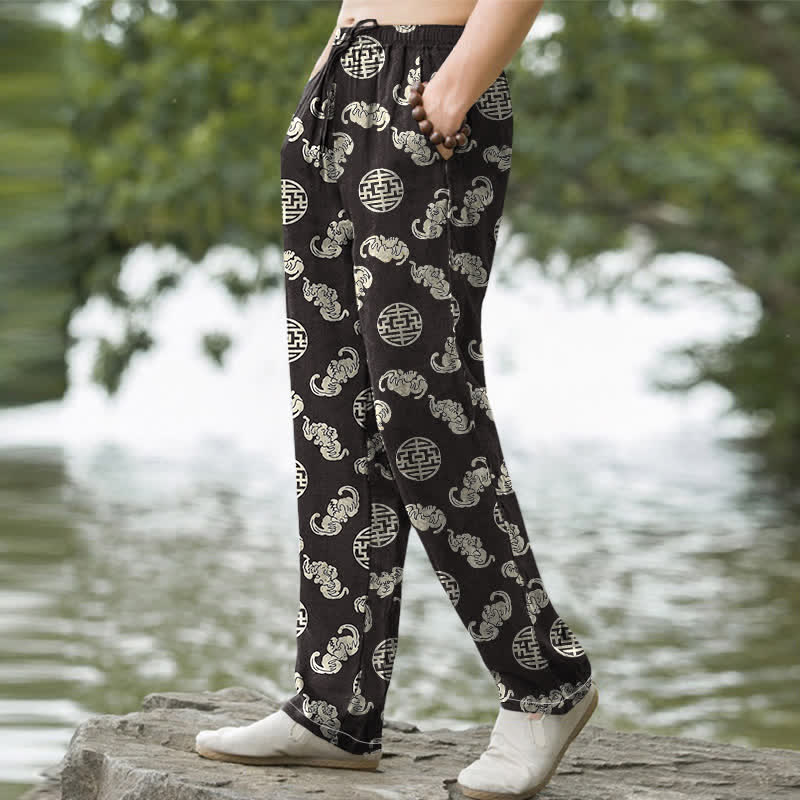 Nimara Ritual Cotton Longevity Cloud Round Emblem Pattern Men's Tapered Pants With Pockets