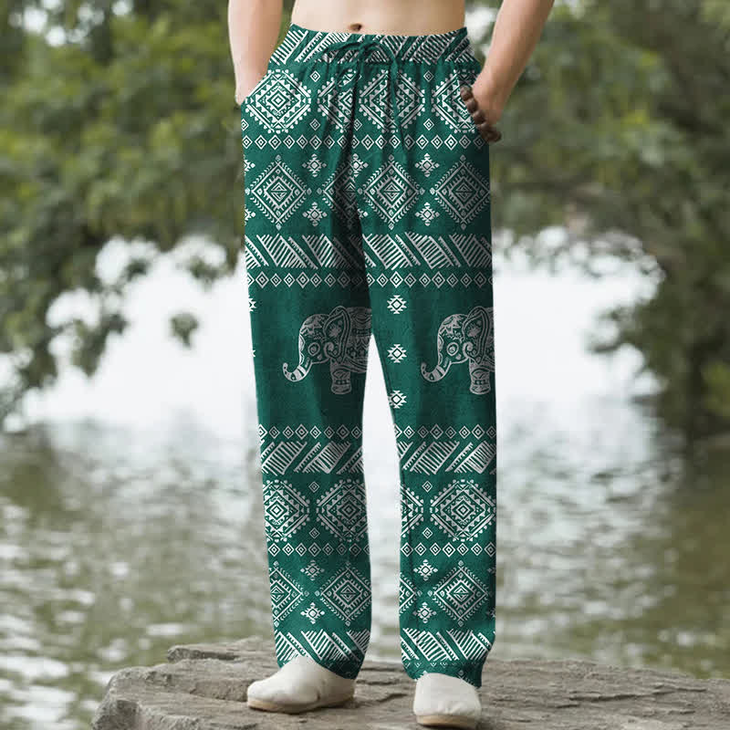 Nimara Ritual Cotton Elephant Tribal Pattern Men's Tapered Pants With Pockets