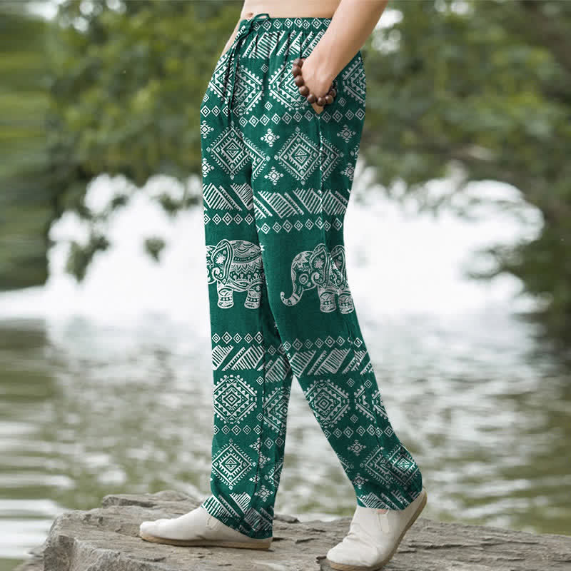 Nimara Ritual Cotton Elephant Tribal Pattern Men's Tapered Pants With Pockets
