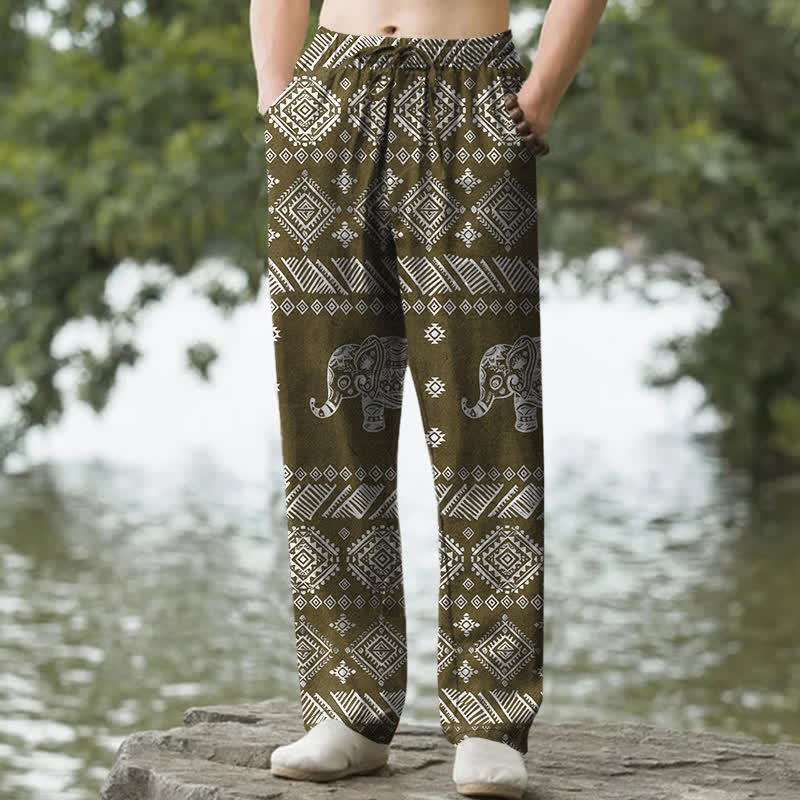 Nimara Ritual Cotton Elephant Tribal Pattern Men's Tapered Pants With Pockets