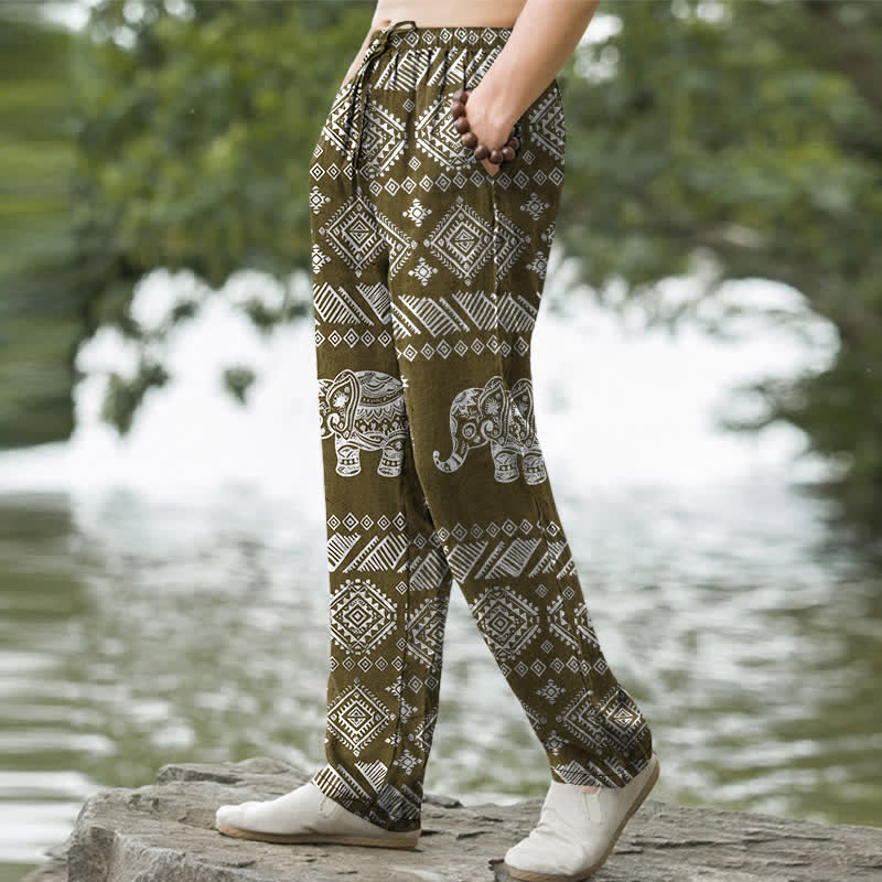 Nimara Ritual Cotton Elephant Tribal Pattern Men's Tapered Pants With Pockets