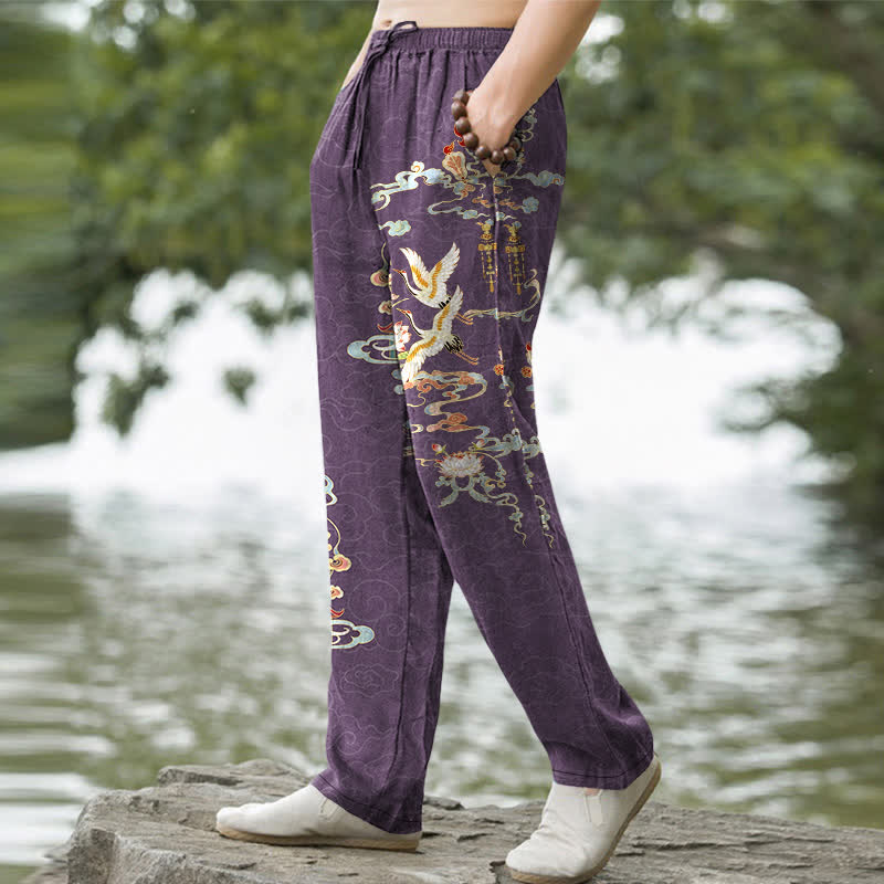 Nimara Ritual Cotton White Crane Auspicious Clouds And Pavilion Lotus Pattern Men's Tapered Pants With Pockets