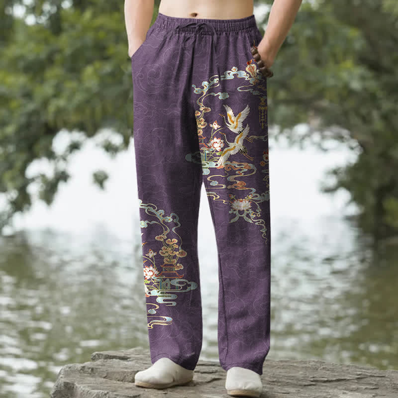 Nimara Ritual Cotton White Crane Auspicious Clouds And Pavilion Lotus Pattern Men's Tapered Pants With Pockets
