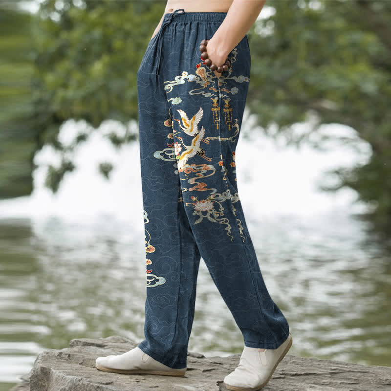 Nimara Ritual Cotton White Crane Auspicious Clouds And Pavilion Lotus Pattern Men's Tapered Pants With Pockets