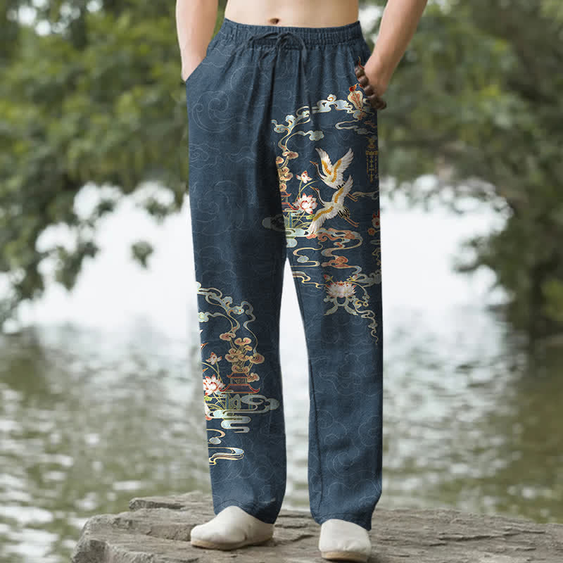 Nimara Ritual Cotton White Crane Auspicious Clouds And Pavilion Lotus Pattern Men's Tapered Pants With Pockets