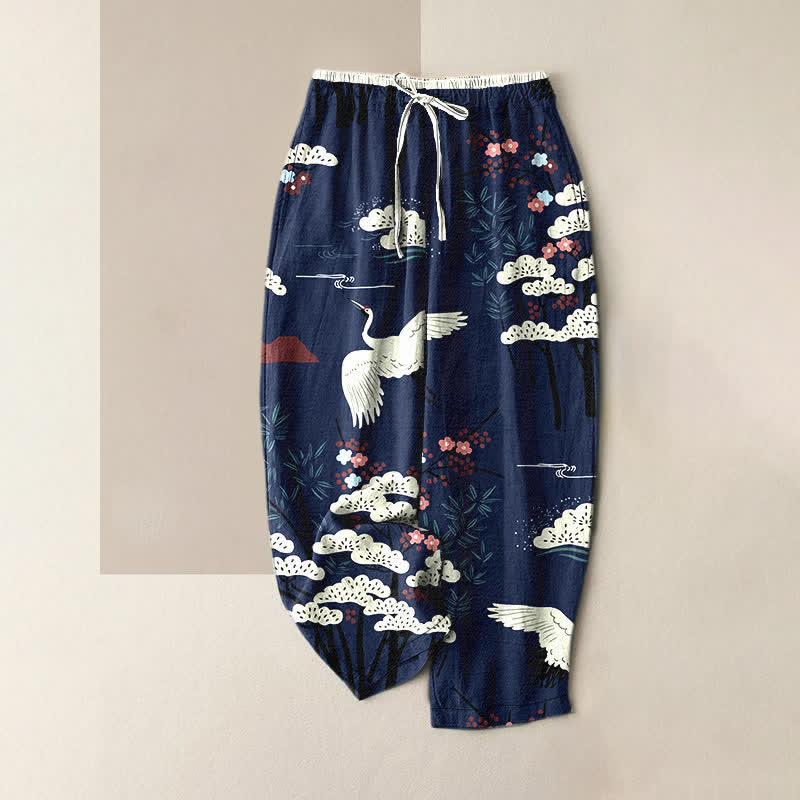 Nimara Ritual Pure Cotton Graceful Crane And White Tree Pattern Women's Elastic Waist Pants With Pockets