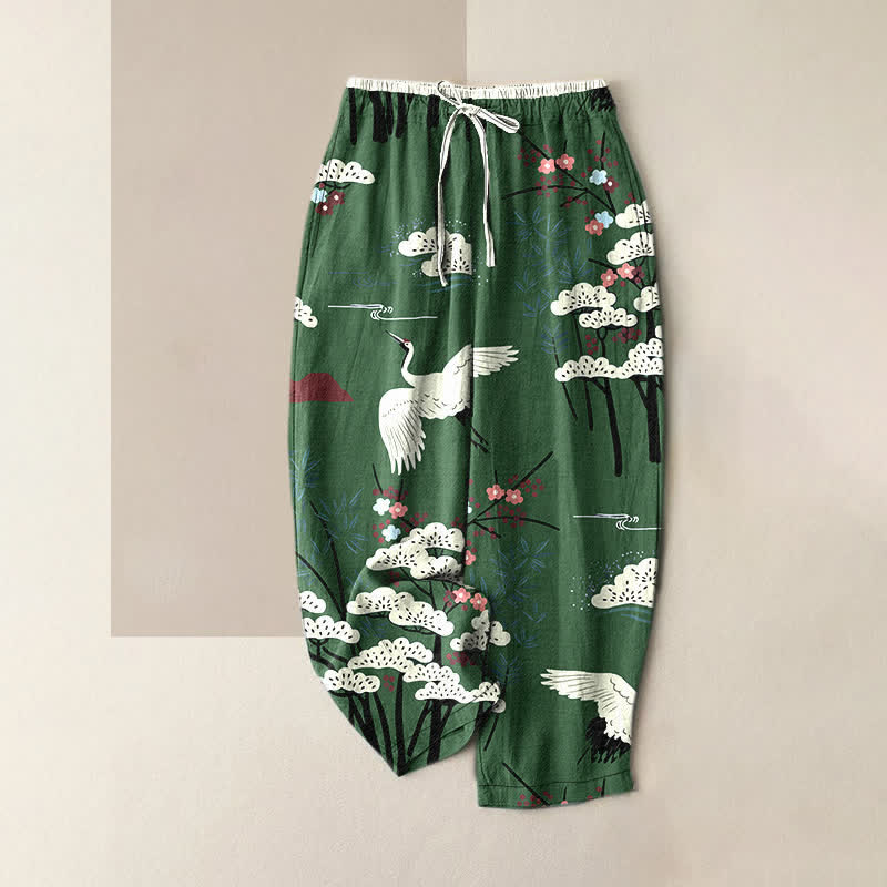Nimara Ritual Pure Cotton Graceful Crane And White Tree Pattern Women's Elastic Waist Pants With Pockets