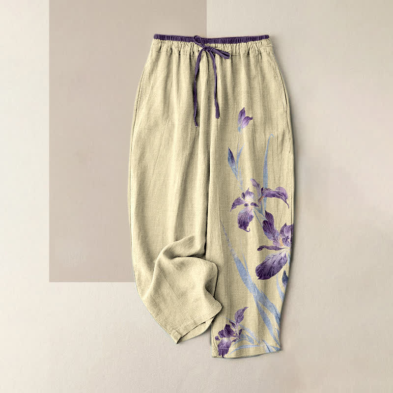 Nimara Ritual Pure Cotton Graceful Iris Pattern Women's Elastic Waist Pants With Pockets