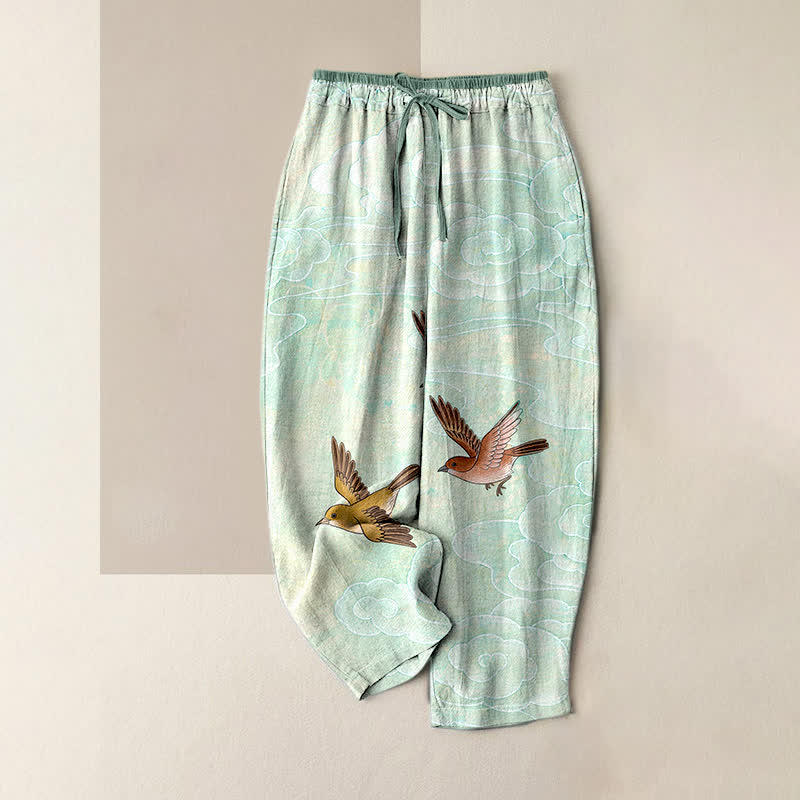 Nimara Ritual Pure Cotton Cloud and Flying Bird Pattern Women's Elastic Waist Pants With Pockets