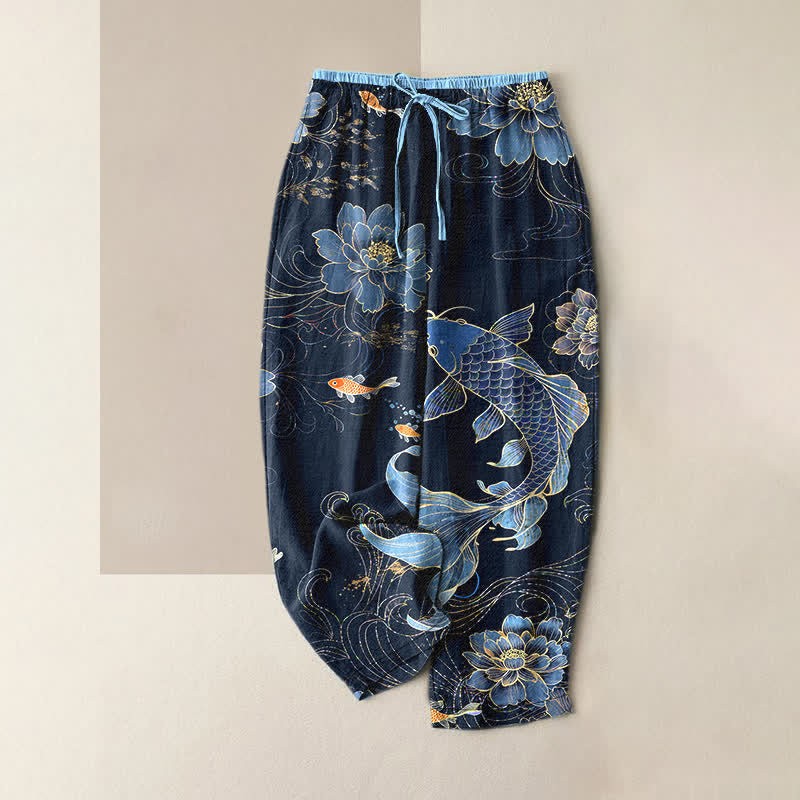 Nimara Ritual Pure Cotton Koi Fish Lotus Pattern Women's Elastic Waist Pants With Pockets