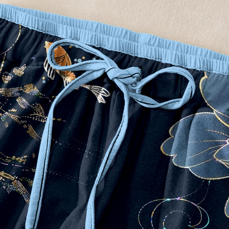 Nimara Ritual Pure Cotton Koi Fish Lotus Pattern Women's Elastic Waist Pants With Pockets