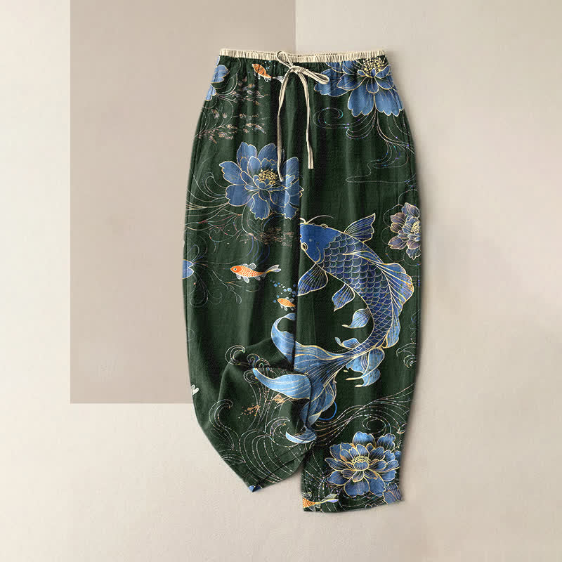 Nimara Ritual Pure Cotton Koi Fish Lotus Pattern Women's Elastic Waist Pants With Pockets