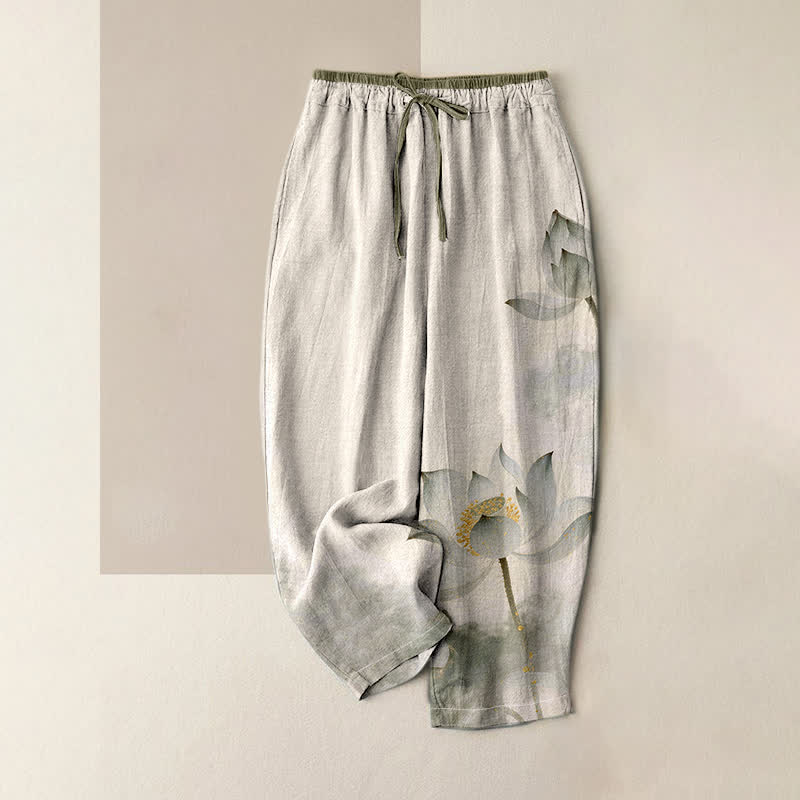 Nimara Ritual Pure Cotton Lotus Ink Pattern Women's Elastic Waist Pants With Pockets