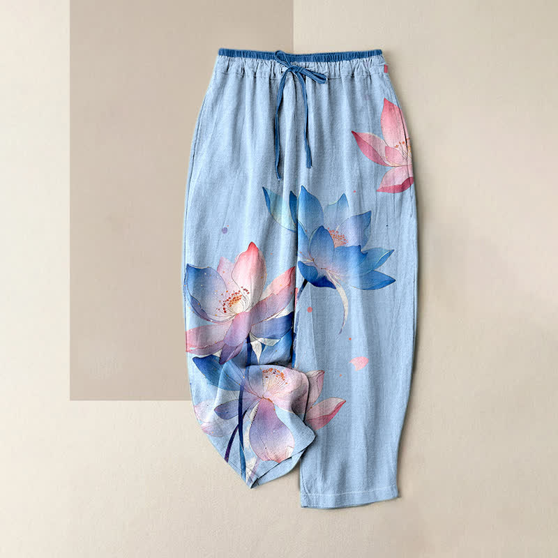 Nimara Ritual Pure Cotton Watercolor Lotus Pattern Women's Elastic Waist Pants With Pockets