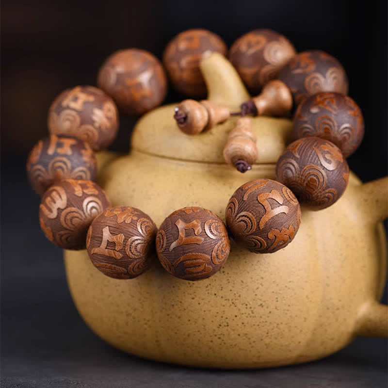 Nimara Ritual Natural Abelia Biflora Wood Heart Sutra Om Mani Padme Hum Bracelet