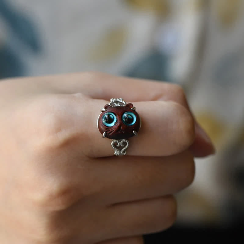 Nimara Ritual Small Leaf Red Sandalwood Cat Longevity Adjustable Ring