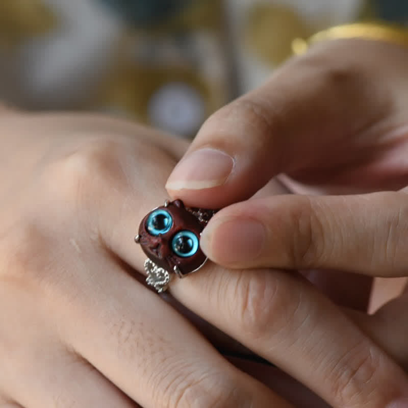 Nimara Ritual Small Leaf Red Sandalwood Cat Longevity Adjustable Ring