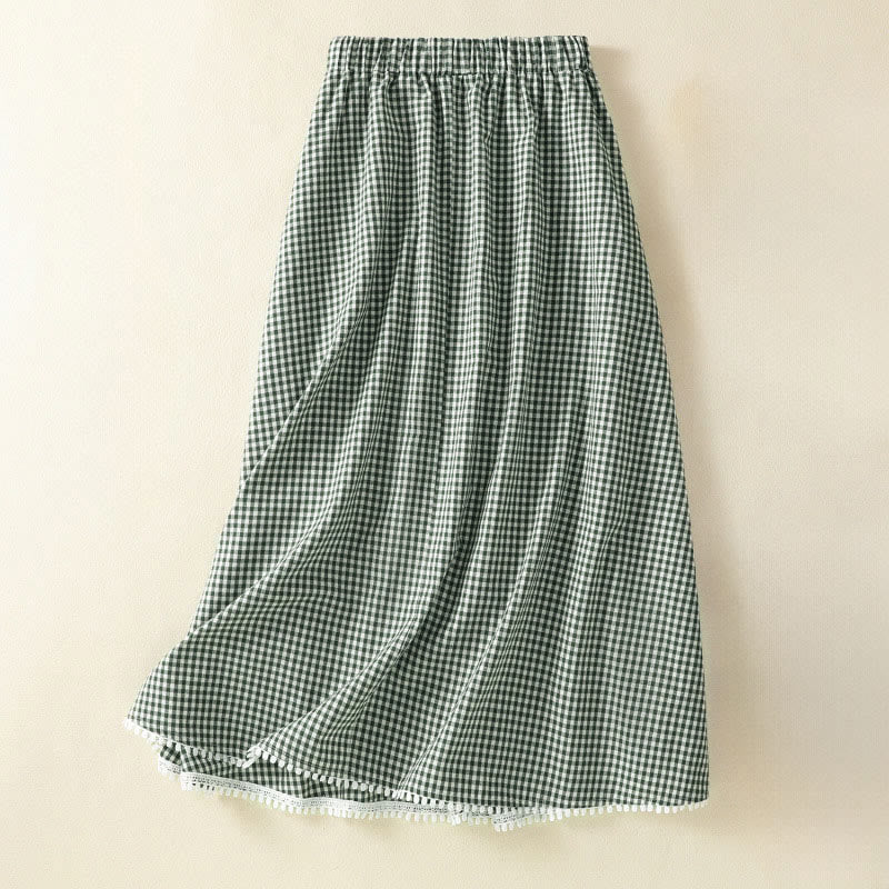 Nimara Ritual Summer Vintage Green Plaid Women's Skirts With Pockets