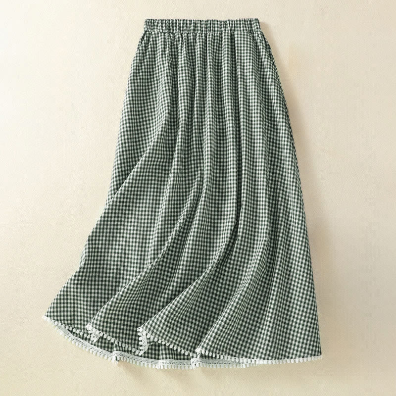 Nimara Ritual Summer Vintage Green Plaid Women's Skirts With Pockets