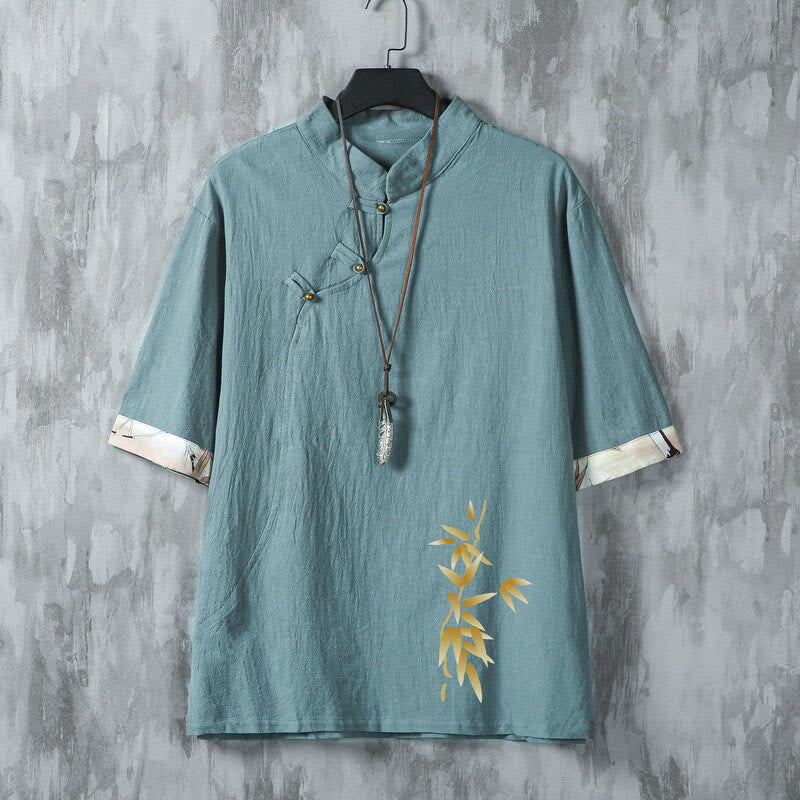Nimara Ritual Summer Tang Style Casual Frog Button Bamboo Men's Short Sleeve Shirts