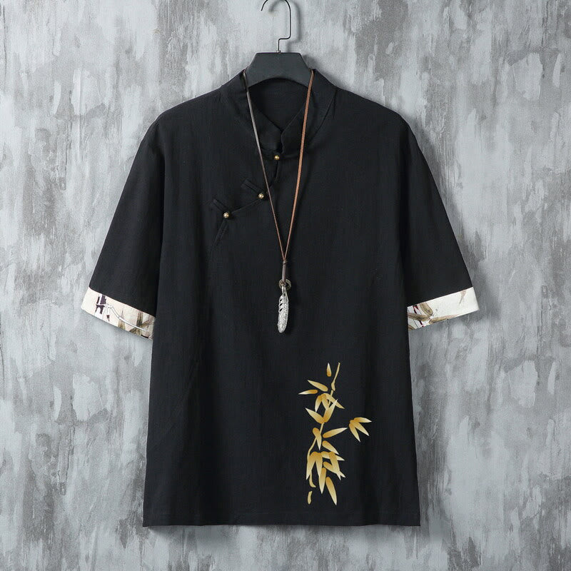 Nimara Ritual Summer Tang Style Casual Frog Button Bamboo Men's Short Sleeve Shirts