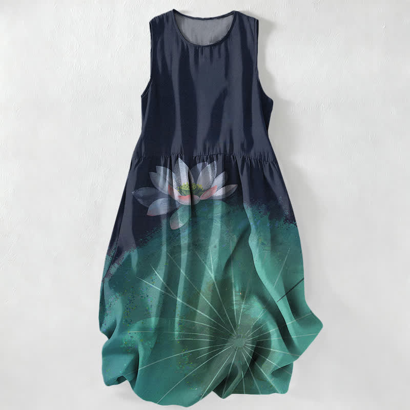 Nimara Ritual Summer Casual Lotus Pond Pattern Women's Summer Sleeveless Midi Dress With Pockets