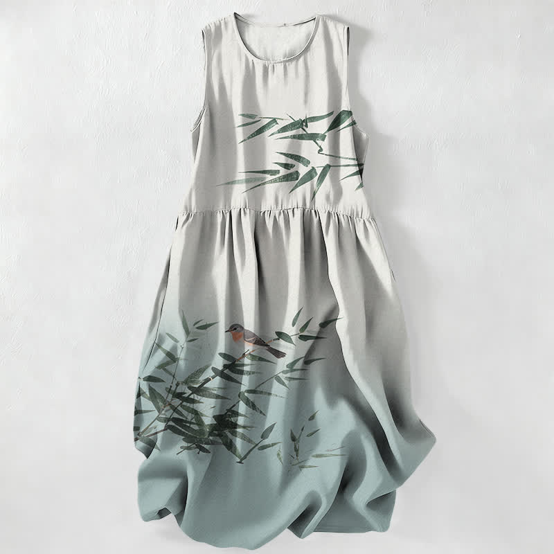 Nimara Ritual Summer Casual Bamboo Bird Pattern Women's Summer Sleeveless Midi Dress With Pockets