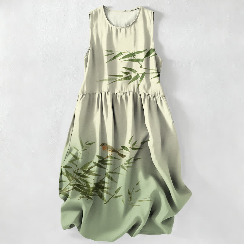 Nimara Ritual Summer Casual Bamboo Bird Pattern Women's Summer Sleeveless Midi Dress With Pockets