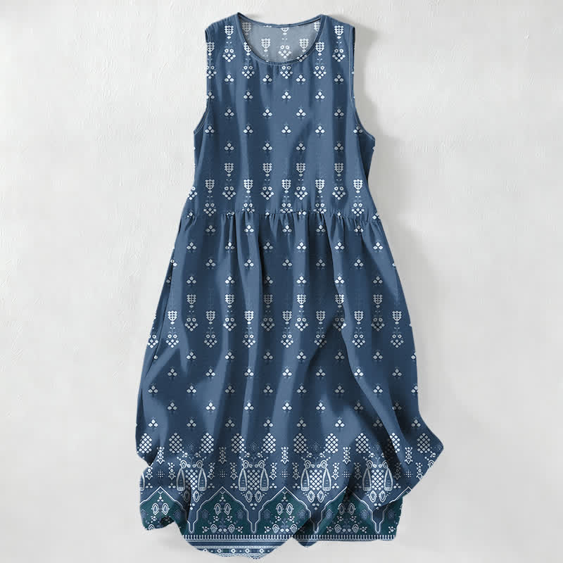 Nimara Ritual Summer Casual Bohemian Geometric Floral Border Pattern Women's Summer Sleeveless Midi Dress With Pockets