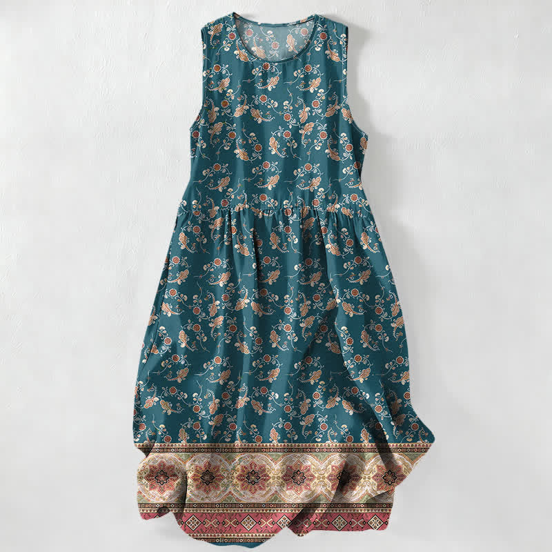 Nimara Ritual Summer Casual Floral Vine Border Pattern Women's Summer Sleeveless Midi Dress With Pockets