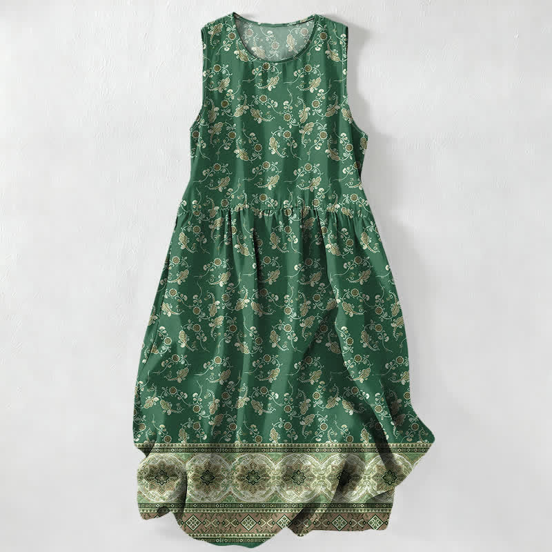Nimara Ritual Summer Casual Floral Vine Border Pattern Women's Summer Sleeveless Midi Dress With Pockets