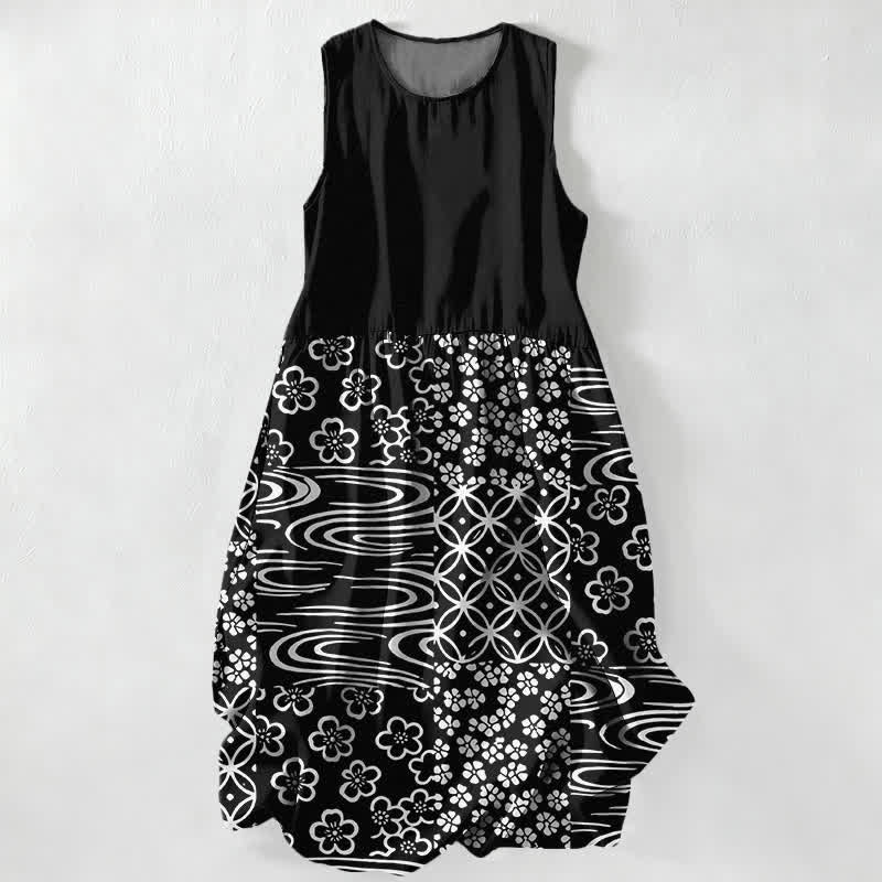 Nimara Ritual Summer Casual Wave Floral Patchwork Pattern Women's Summer Sleeveless Midi Dress With Pockets